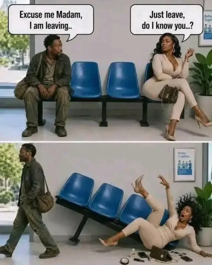 cu unul sau mai multi oameni si text care spune Excuse me Madam, I am leaving.. Bette Toget...