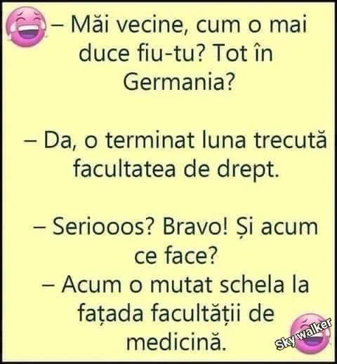 Mai vecine, cum o mai duce fiu-tu? Tot in Germania? -Da, Da, O terminat luna trecuta facult...