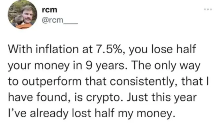 cu bani si text care spune rcm @rcm With inflation at 7.5%, you lose half your money in 9 y...