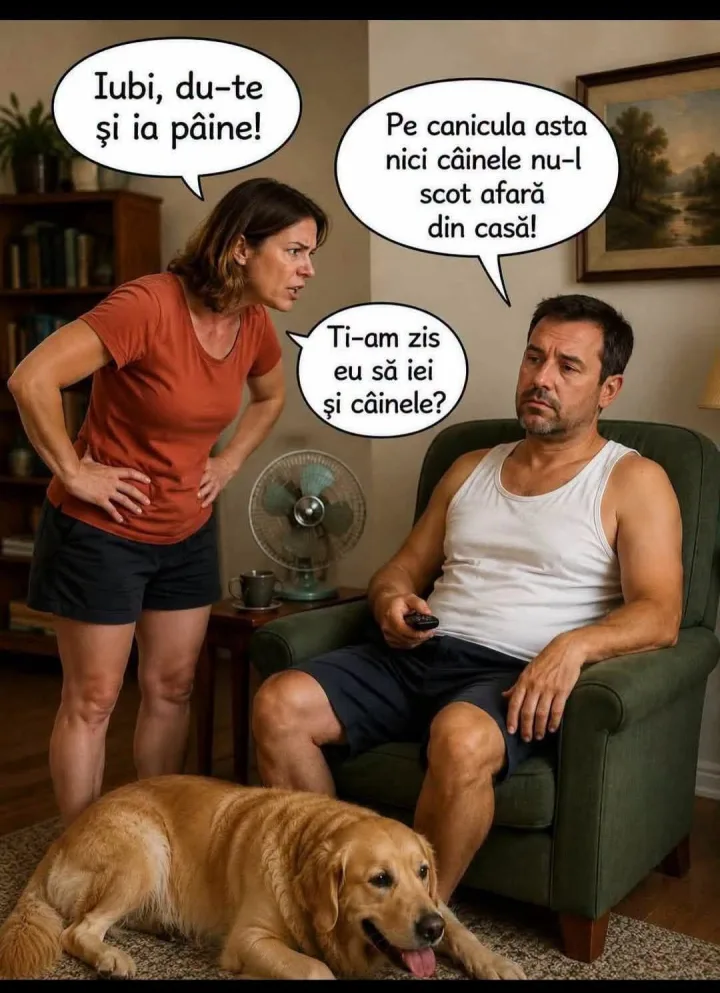 Iubi, du-te si ia paine! Pe canicula asta nici cainele nu-l scot afara din casa! Ti-am zis...