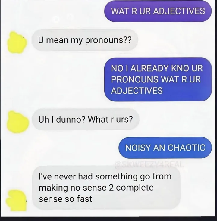 WAT R UR ADJECTIVES mean my pronouns?? NO I ALREADY KNO UR PRONOUNS WAT R UR ADJECTIVES Uh...