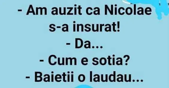 Am auzit ca Nicolae s-a insurat! -Da... -Cum e sotia? -Baietii o laudau...
