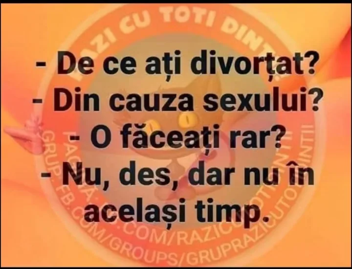cu unul sau mai multi oameni si text care spune CU TOTI DIN -De ce ati divortat? -Din cauza...