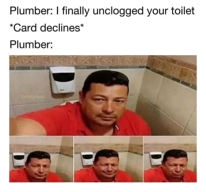 Plumber: I finally unclogged your toilet *Card declines* Plumber: - fortahylans fortaty