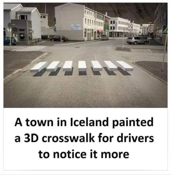 cu drum si text A town in Iceland painted a 3D crosswalk for drivers to notice it more