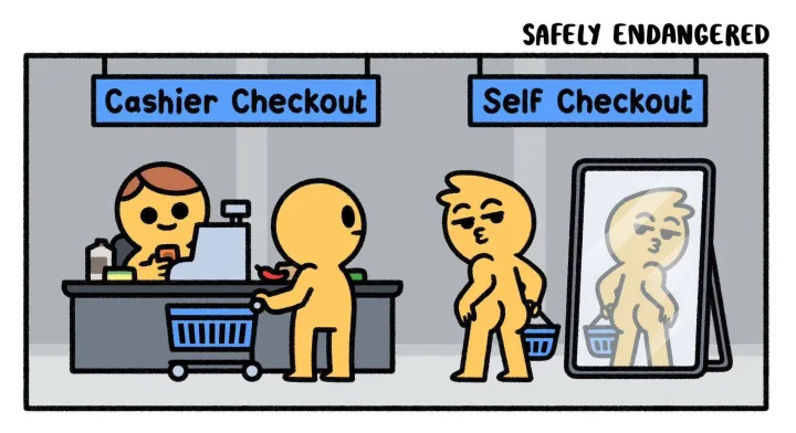 cu cos de cumparaturi si text Cashier Checkout SAFELY ENDANGERED Self Checkout IIIIII