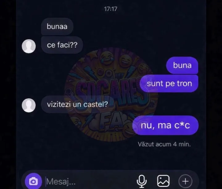 17:17 bunaa cefaci?? ce faci?? buna sunt pe tron vizitezi viziteziuncas un castel? nu, ma n...