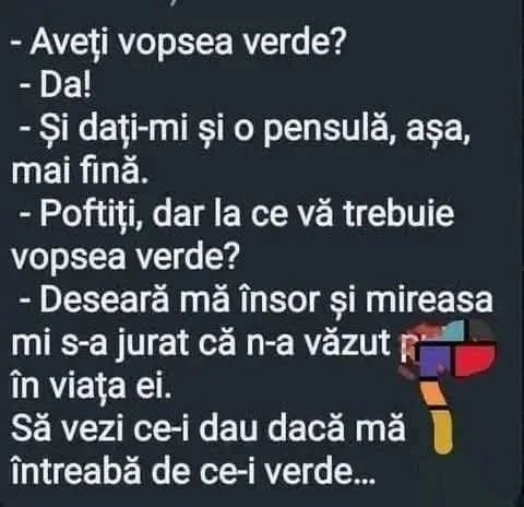 Aveti vopsea verde? -Da! -Si dati-mi si o pensula, asa, mai fina. -Poftiti, dar la ce va tr...
