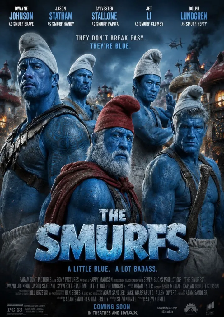 Dwayne johnson as smurf brave jason statham as smurf handy jet sylvester stallone as smurf...