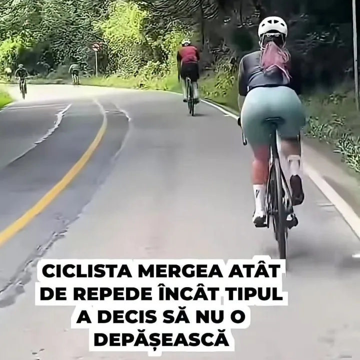 cu bicicleta si text care spune CICLISTA MERGEA ATAT DE REPEDE INCAT TIPUL A DECIS SA NU o...